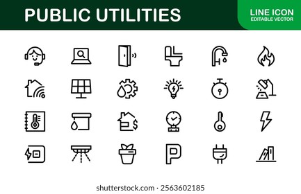 Public Utilities Icon Pack. Clean, Editable Line Icons for Energy, Water Supply, Waste Management, and Urban Infrastructure