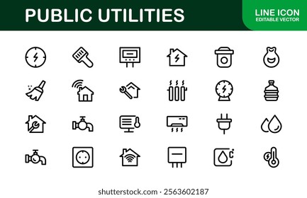 Public Utilities Icon Pack. Clean, Editable Line Icons for Energy, Water Supply, Waste Management, and Urban Infrastructure