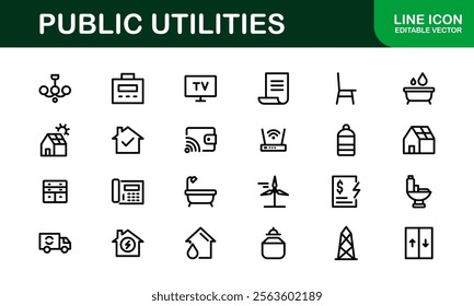 Public Utilities Icon Pack. Clean, Editable Line Icons for Energy, Water Supply, Waste Management, and Urban Infrastructure