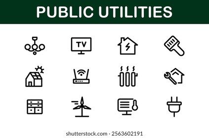 Public Utilities Icon Pack. Clean, Editable Line Icons for Energy, Water Supply, Waste Management, and Urban Infrastructure