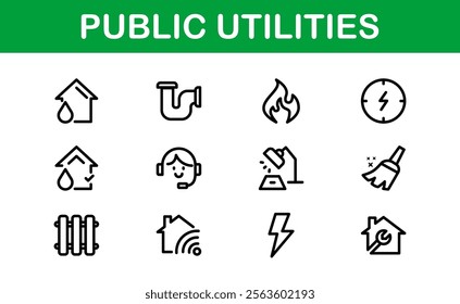 Public Utilities Icon Pack. Clean, Editable Line Icons for Energy, Water Supply, Waste Management, and Urban Infrastructure