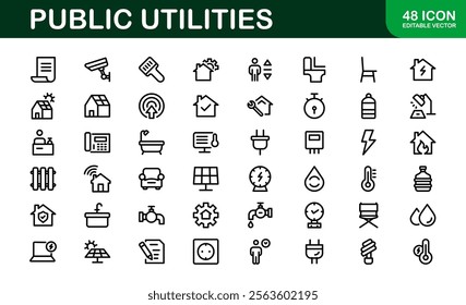 Public Utilities Icon Pack. Clean, Editable Line Icons for Energy, Water Supply, Waste Management, and Urban Infrastructure