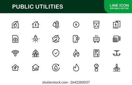 Pacote de Ícones para Serviços Públicos. Ícones de linha limpos e editáveis para energia, fornecimento de água, gerenciamento de resíduos e infraestrutura urbana