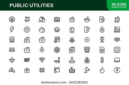 Pacote de Ícones para Serviços Públicos. Ícones de linha limpos e editáveis para energia, fornecimento de água, gerenciamento de resíduos e infraestrutura urbana