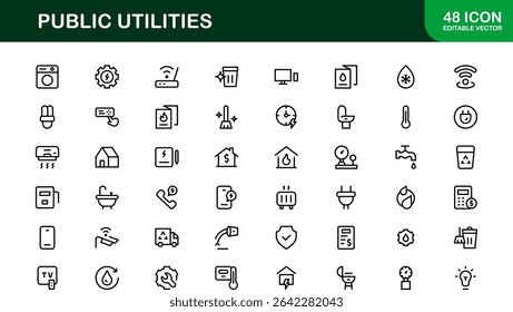 Pacote de Ícones para Serviços Públicos. Ícones de linha limpos e editáveis para energia, fornecimento de água, gerenciamento de resíduos e infraestrutura urbana