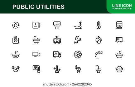 Pacote de Ícones para Serviços Públicos. Ícones de linha limpos e editáveis para energia, fornecimento de água, gerenciamento de resíduos e infraestrutura urbana