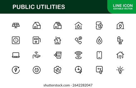 Pacote de Ícones para Serviços Públicos. Ícones de linha limpos e editáveis para energia, fornecimento de água, gerenciamento de resíduos e infraestrutura urbana