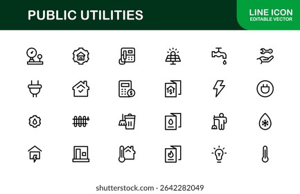 Pacote de Ícones para Serviços Públicos. Ícones de linha limpos e editáveis para energia, fornecimento de água, gerenciamento de resíduos e infraestrutura urbana