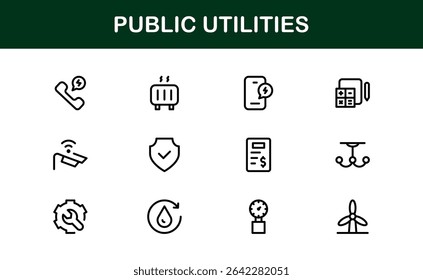 Public Utilities Icon Pack. Clean, Editable Line Icons for Energy, Water Supply, Waste Management, and Urban Infrastructure