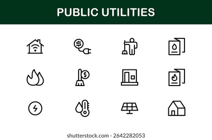 Pacote de Ícones para Serviços Públicos. Ícones de linha limpos e editáveis para energia, fornecimento de água, gerenciamento de resíduos e infraestrutura urbana