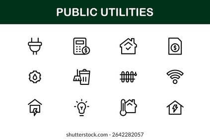 Pacote de Ícones para Serviços Públicos. Ícones de linha limpos e editáveis para energia, fornecimento de água, gerenciamento de resíduos e infraestrutura urbana
