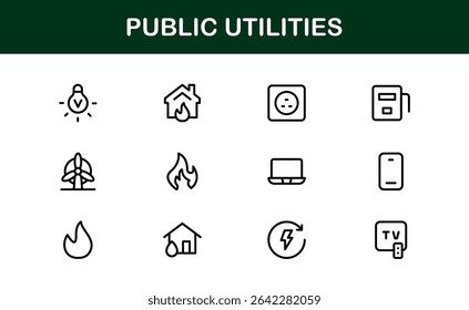 Pacote de Ícones para Serviços Públicos. Ícones de linha limpos e editáveis para energia, fornecimento de água, gerenciamento de resíduos e infraestrutura urbana