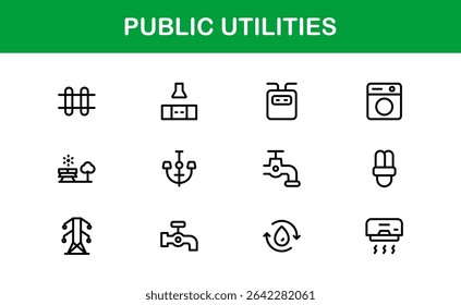 Pacote de Ícones para Serviços Públicos. Ícones de linha limpos e editáveis para energia, fornecimento de água, gerenciamento de resíduos e infraestrutura urbana