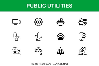Pacote de Ícones para Serviços Públicos. Ícones de linha limpos e editáveis para energia, fornecimento de água, gerenciamento de resíduos e infraestrutura urbana