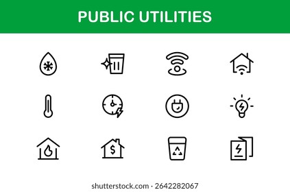 Pacote de Ícones para Serviços Públicos. Ícones de linha limpos e editáveis para energia, fornecimento de água, gerenciamento de resíduos e infraestrutura urbana