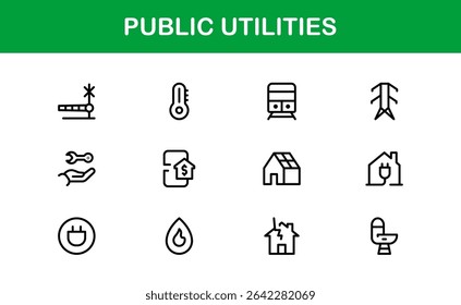 Public Utilities Icon Pack. Clean, Editable Line Icons for Energy, Water Supply, Waste Management, and Urban Infrastructure
