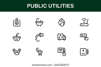 Pacote de Ícones para Serviços Públicos. Ícones de linha limpos e editáveis para energia, fornecimento de água, gerenciamento de resíduos e infraestrutura urbana