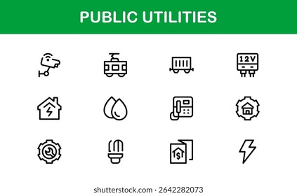 Pacote de Ícones para Serviços Públicos. Ícones de linha limpos e editáveis para energia, fornecimento de água, gerenciamento de resíduos e infraestrutura urbana