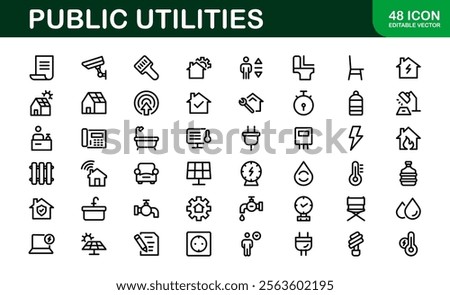 Public Utilities Icon Pack. Clean, Editable Line Icons for Energy, Water Supply, Waste Management, and Urban Infrastructure