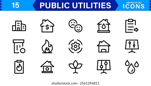 Public Utilities Icon Pack, Modern, Scalable Line Art for Water, Electricity, Waste Management  Public Services.