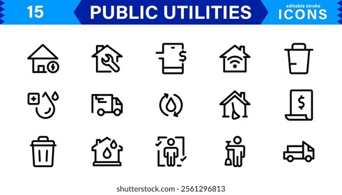 Public Utilities Icon Pack, Modern, Scalable Line Art for Water, Electricity, Waste Management  Public Services.