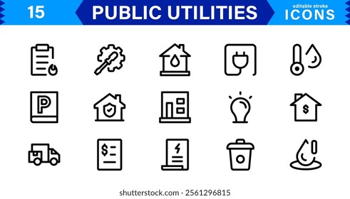 Public Utilities Icon Pack, Modern, Scalable Line Art for Water, Electricity, Waste Management  Public Services.