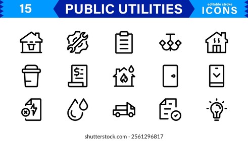 Public Utilities Icon Pack, Modern, Scalable Line Art for Water, Electricity, Waste Management  Public Services.