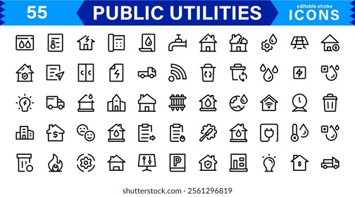 Public Utilities Icon Pack, Modern, Scalable Line Art for Water, Electricity, Waste Management  Public Services.