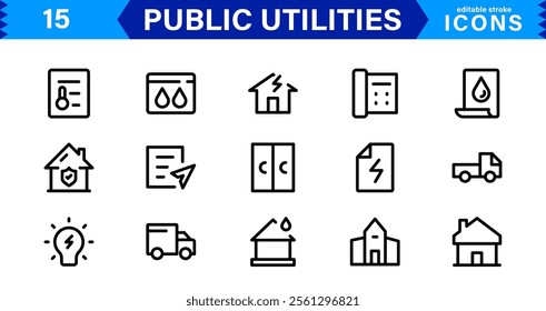 Public Utilities Icon Pack, Modern, Scalable Line Art for Water, Electricity, Waste Management  Public Services.