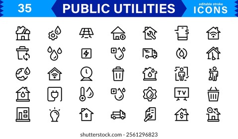 Public Utilities Icon Pack, Modern, Scalable Line Art for Water, Electricity, Waste Management  Public Services.