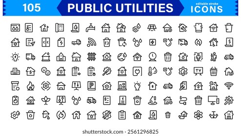 Public Utilities Icon Pack, Modern, Scalable Line Art for Water, Electricity, Waste Management  Public Services.