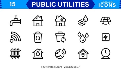 Public Utilities Icon Pack, Modern, Scalable Line Art for Water, Electricity, Waste Management  Public Services.