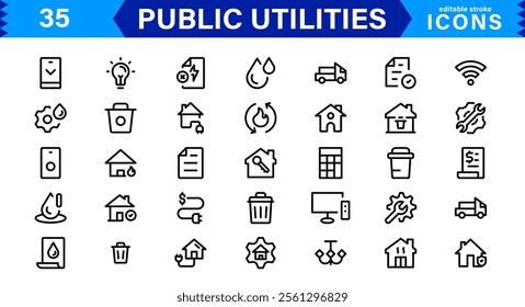 Public Utilities Icon Pack, Modern, Scalable Line Art for Water, Electricity, Waste Management  Public Services.