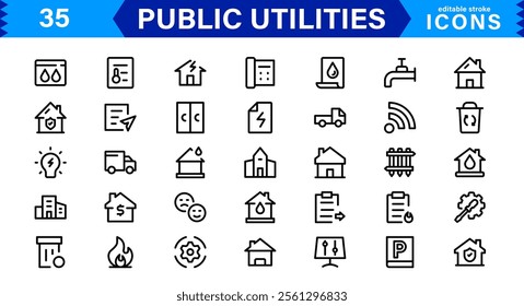 Public Utilities Icon Pack, Modern, Scalable Line Art for Water, Electricity, Waste Management  Public Services.