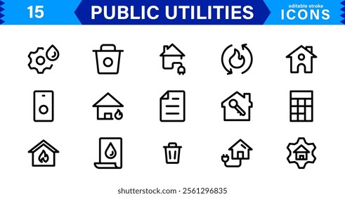 Public Utilities Icon Pack, Modern, Scalable Line Art for Water, Electricity, Waste Management  Public Services.