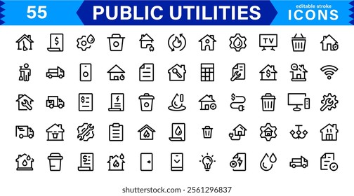 Public Utilities Icon Pack, Modern, Scalable Line Art for Water, Electricity, Waste Management  Public Services.