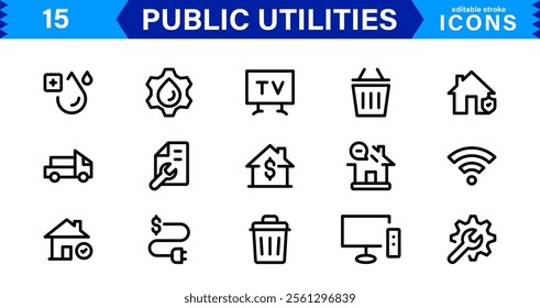 Public Utilities Icon Pack, Modern, Scalable Line Art for Water, Electricity, Waste Management  Public Services.