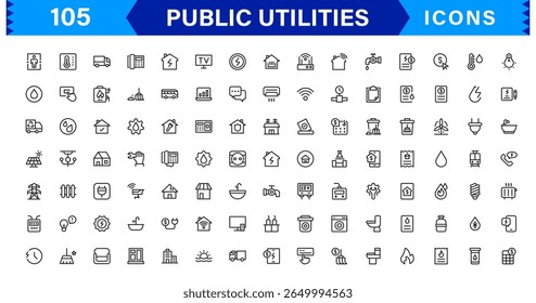 Public Utilities Icon Pack, Modern, Scalable Line Art for Water, Electricity, Waste Management and Public Services.