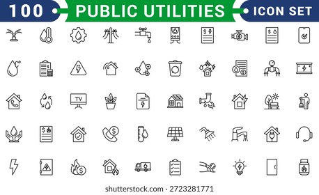 Los iconos de los servicios públicos fijan la Ilustración vectorial con la colección de la electricidad, agua, gas, fuego, agua líquida, factura, ascensor, parque público, servicio, energía, seguridad, panel solar, mantenimiento, Comprobante.