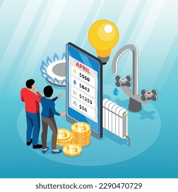 Public utilities isometric background with two male persons studying paying bills for water electricity heating and gas via mobile app vector illustration