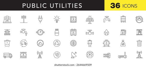 Public Utilities Line Art Icon Set - Mínimo Contorno Ícones Vetoriais de Energia Essencial, Água, Resíduos e Serviços de Comunicação