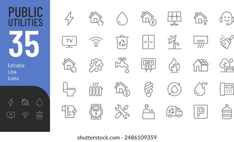 
Iconos editables de línea de servicios públicos establecidos. Ilustración vectorial en estilo moderno de línea delgada de mantenimiento de la casa iconos relacionados: electricidad, gas, agua, y más. 