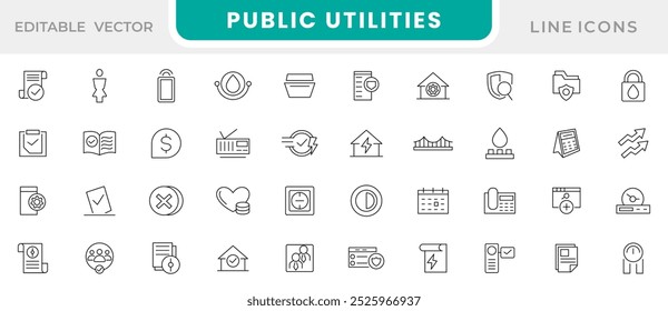 Public Utilities line icon set. Water, fuel, electricity, solar house, maintenance, house, bill, service, meter, gas supply, drainage, garbage removal, heating line icon set. UI thin line icon set.  