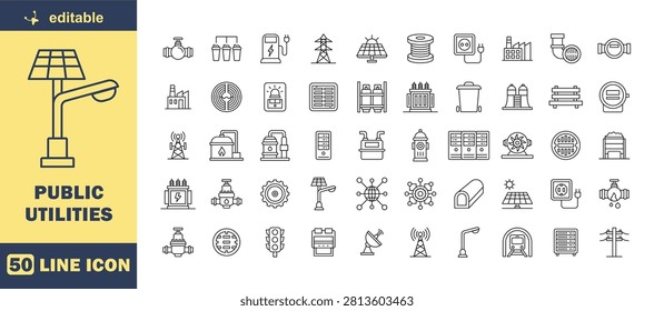Public Utilities Line Icon Set - Editable Stroke Outline Vector Icons for Energy, Water Supply, Power Grid and Smart Utility Infrastructure