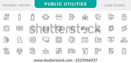 Public Utilities line icon set. Water, fuel, electricity, solar house, maintenance, house, bill, service, meter, gas supply, drainage, garbage removal, heating line icon set. UI thin line icon set.  