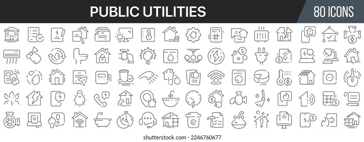 Kollektion von Symbolen der öffentlichen Versorgungseinrichtungen. Das große UI-Icon wird in einem flachen Design gesetzt. Paket mit den Symbolen der dünnen Umrisse. Vektorgrafik EPS10