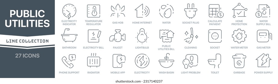 Public utilities linear signed icon collection. Signed thin line icons collection. Set of public utilities simple outline icons