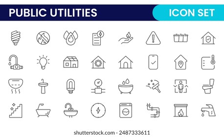 Public utilities linear signed icon collection. Signed thin line icons collection. Set of public utilities simple outline icons.