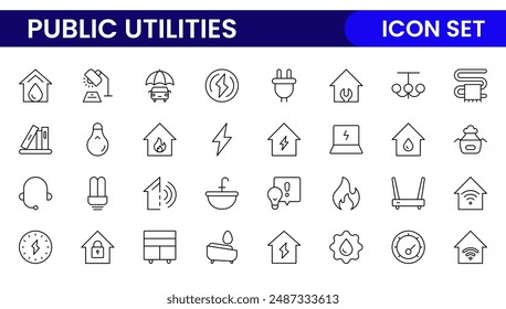 Public utilities linear signed icon collection. Signed thin line icons collection. Set of public utilities simple outline icons.