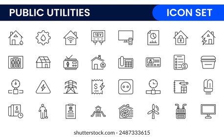Lineare signierte Kollektion für öffentliche Versorgungsunternehmen. Signierte Thin Line Icons Kollektion. Gruppe von öffentlichen Dienstprogrammen einfache Gliederungssymbole.